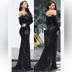 NWT Off-the-shoulder Party Dress Feather Long Sleeve Sequin Evening Dress